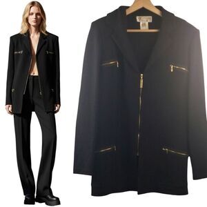 St John Wool Knit Blazer Jacket with Gold Accents Zipper Xl